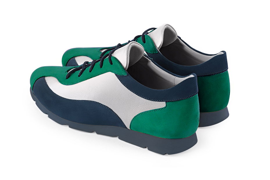 Emerald green, light silver and navy blue women's elegant sneakers. Round toe. Flat rubber soles. Rear view - Florence KOOIJMAN